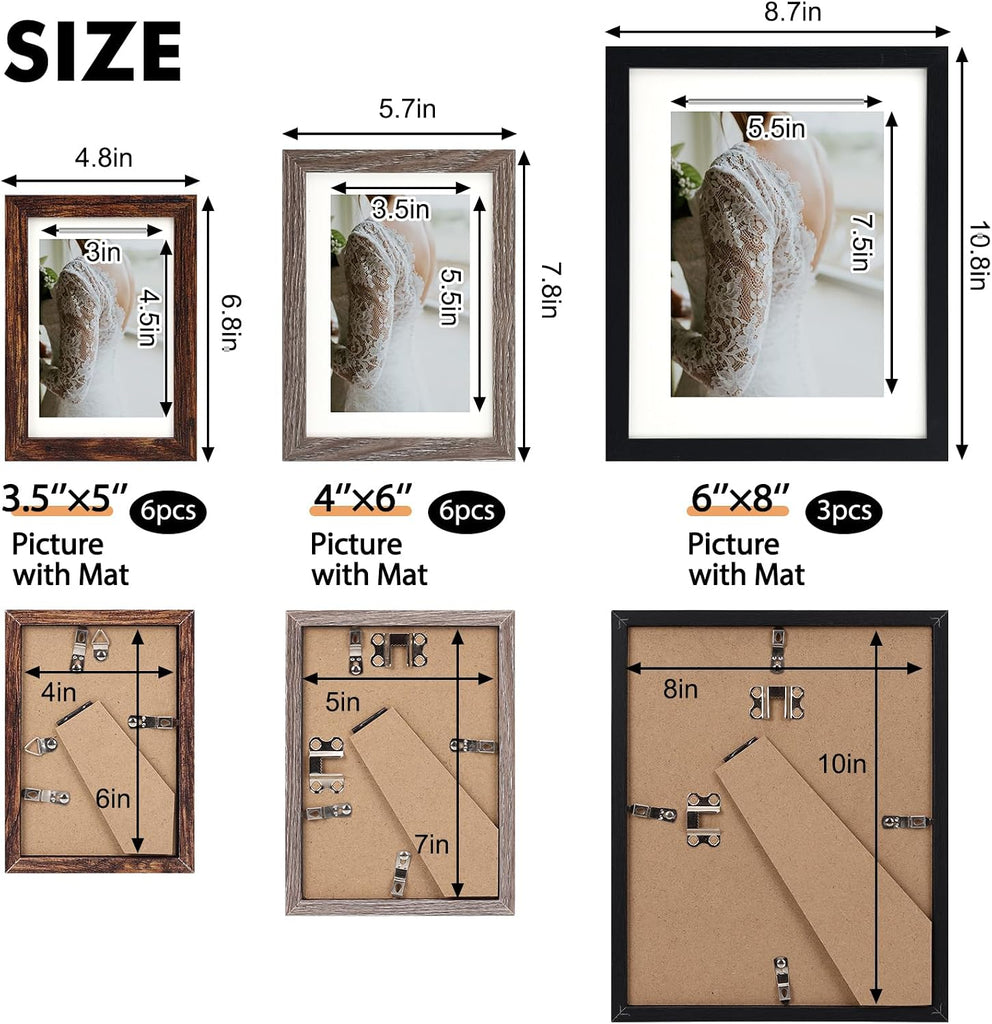 Picture Frames Set, 15 Pack Wall Frame Set in 3 Different Finishes with Mat for Multiple Sizes Photos, Three 8x10