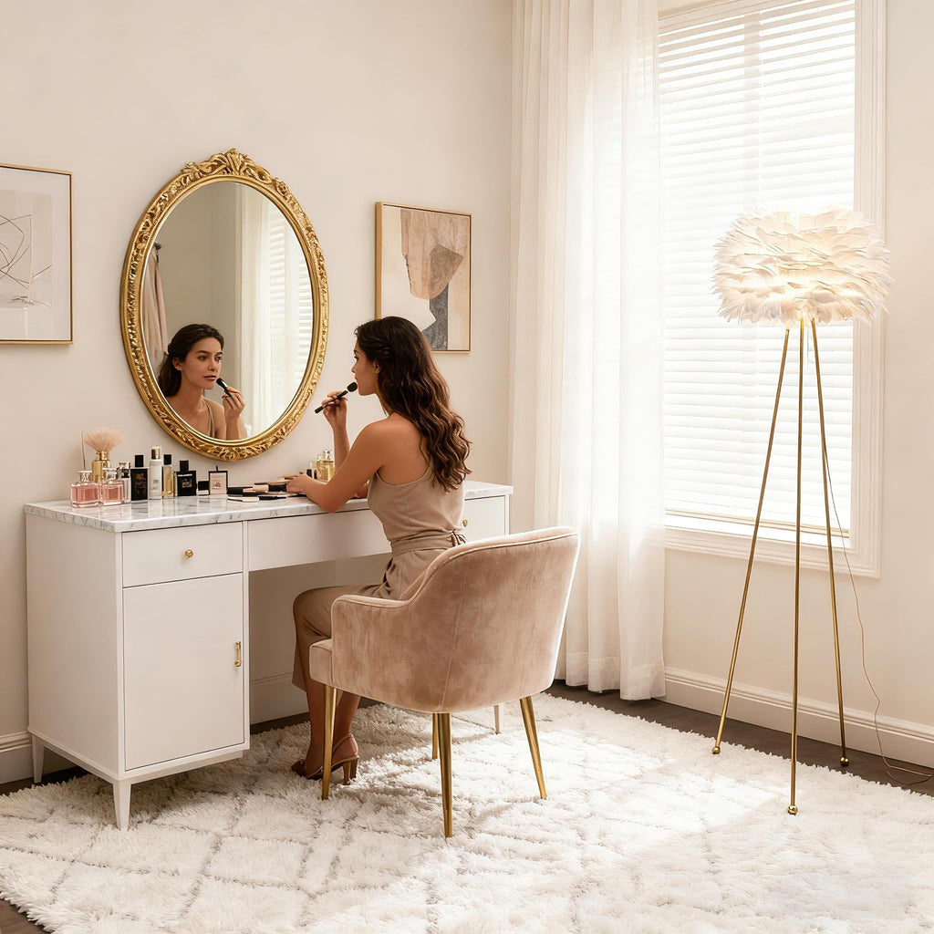 60" Feather Floor Lamp, Tripod Floor Lamp with White Feather Shade, Modern Brass Gold Standing Light s Dining Room