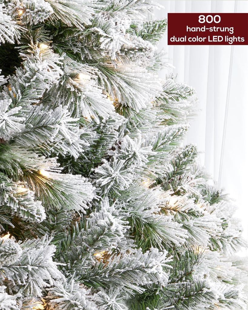 9FT Pre-lit Snow Flocked Christmas Tree Spruce with Remote Control, 800 Warm White Multi-Color Lights, Artificial