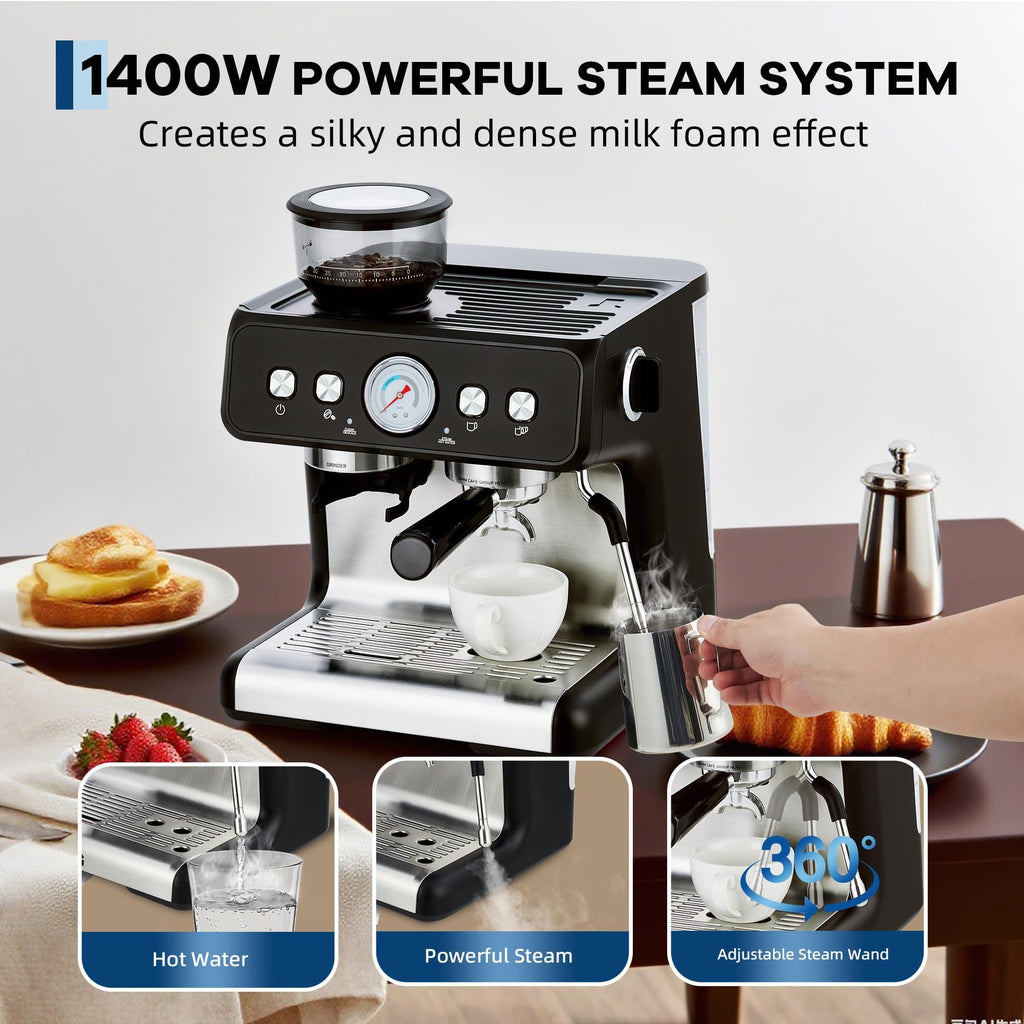 20 Bar Espresso Machine with Grinder & Steam Wand, Stainless Coffee Maker