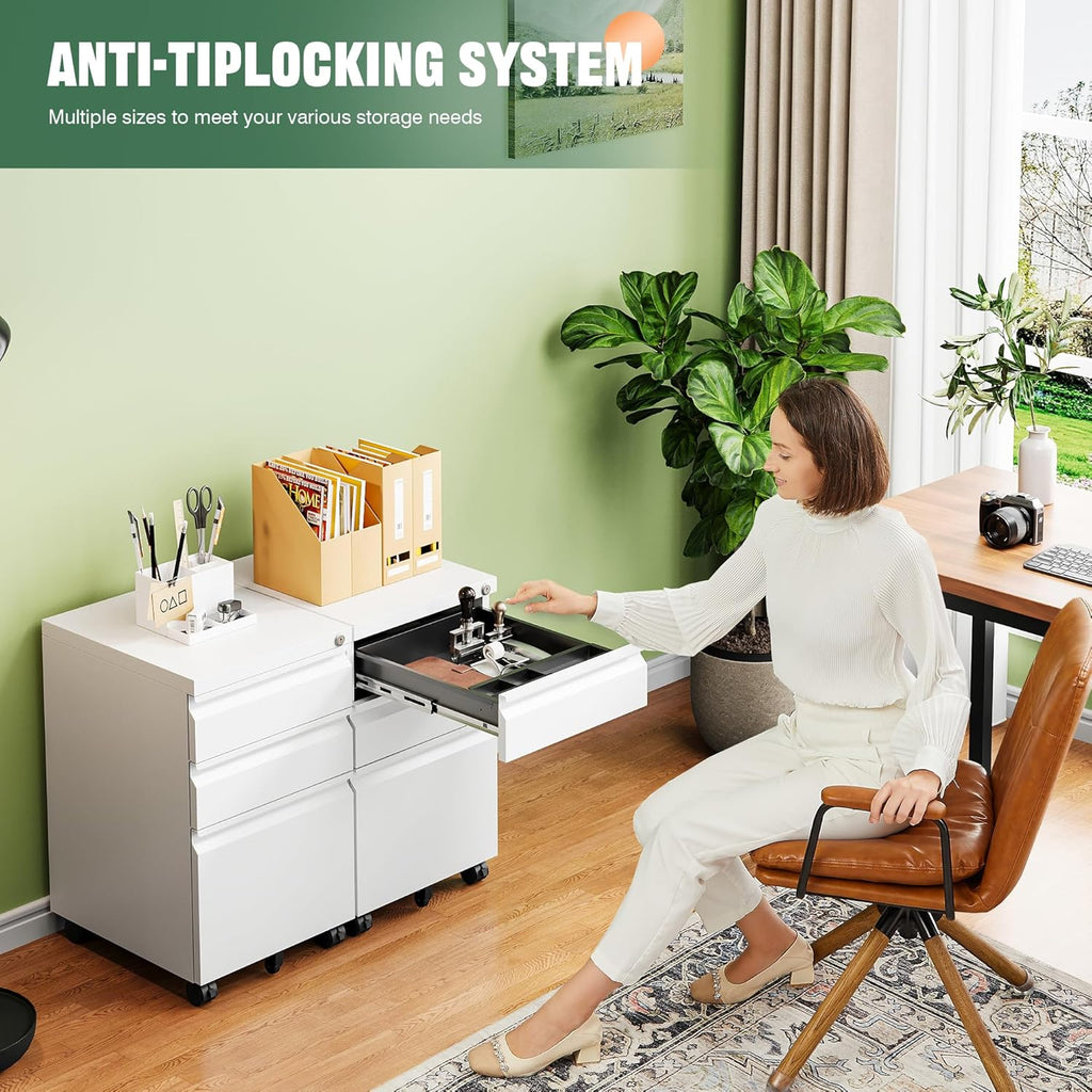 3 Drawer Mobile File Cabinet with Lock, Under Desk Metal Filing Cabinets Organizer Letters/Legal/A4(Fully