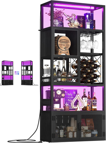 82.6" Tall Bar Cabinet with Power Outlets & LED Lights, Liquor Cabinet Bar , Reversible Coffee Station Wine Cabinet