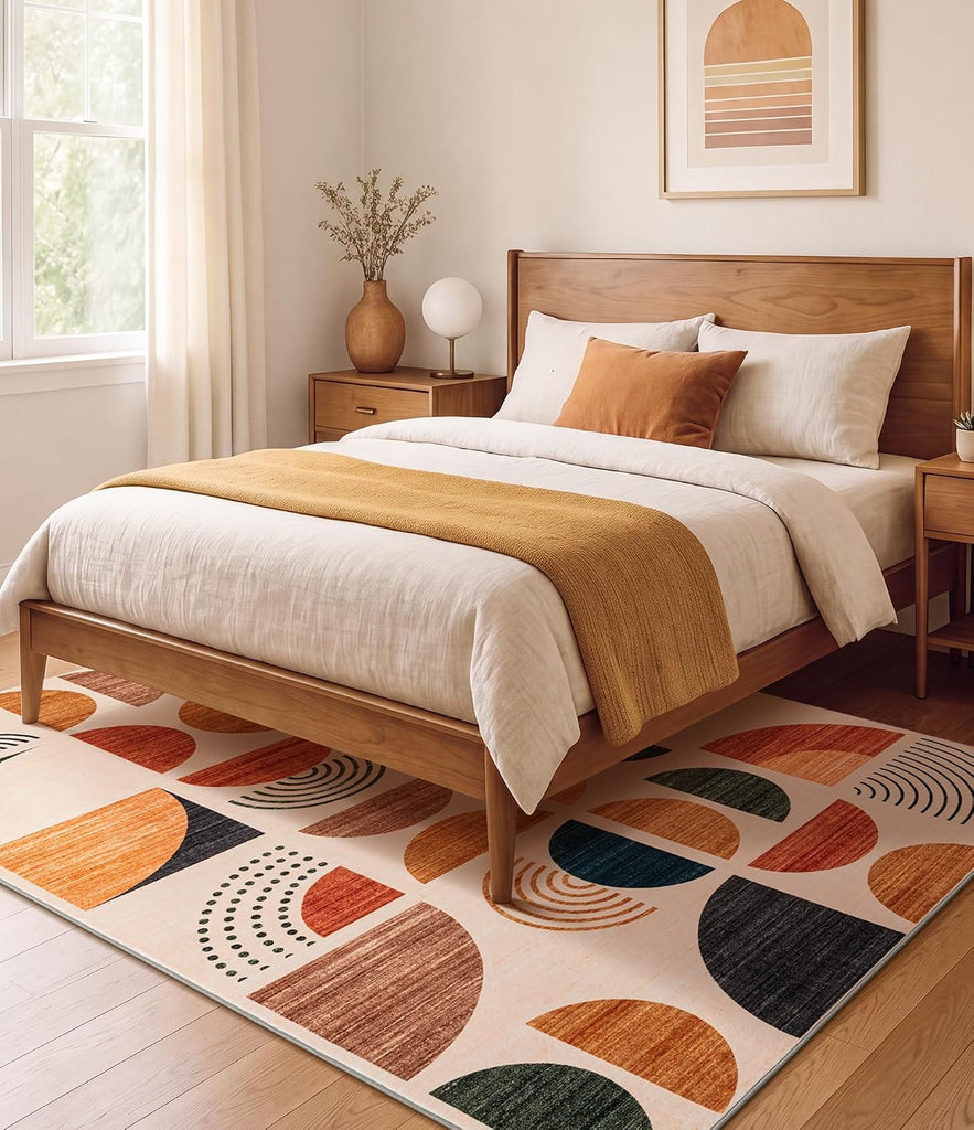 Boho Washable Area Rugs, Mid-Century Modern Rug Non Slip Minimalist, Bauhaus Throw Floor Carpet Dining Room