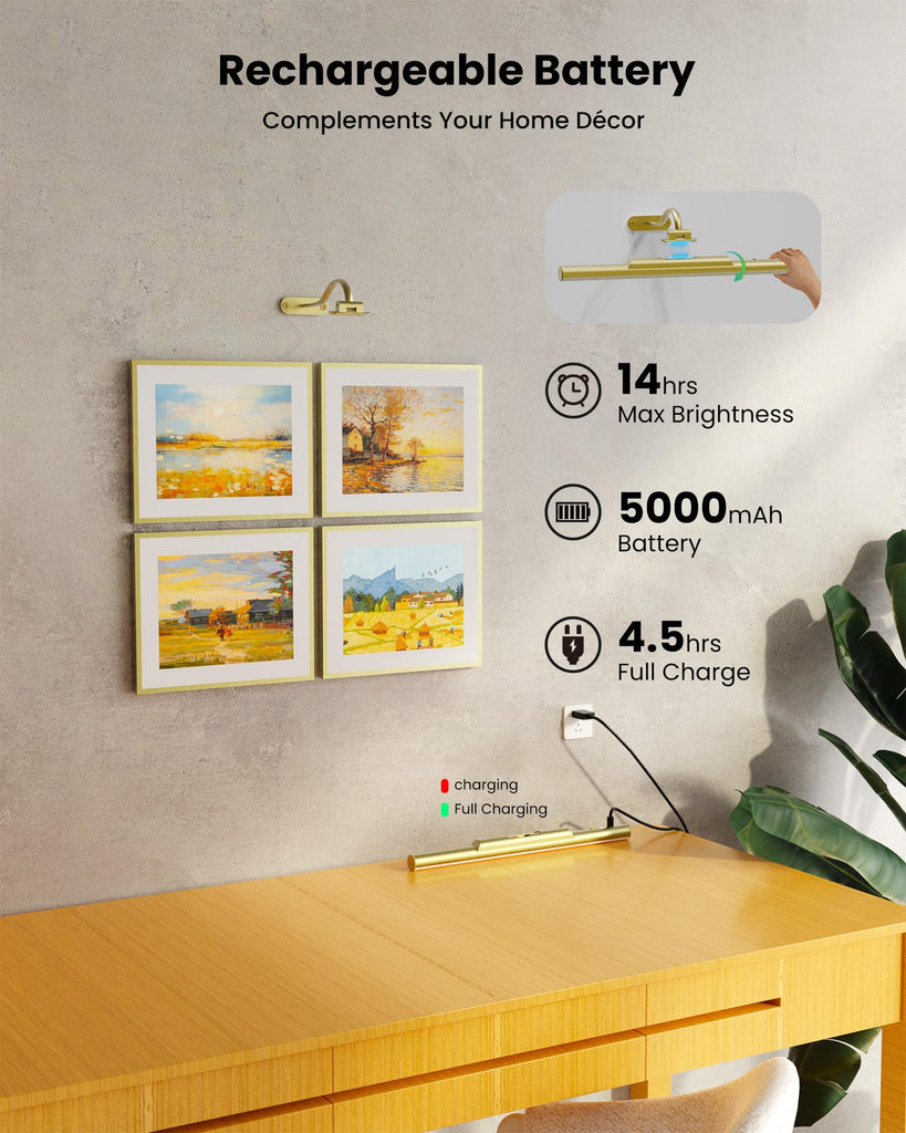 Picture Light for Wall Wireless Rechargeable 16 Inch Gold