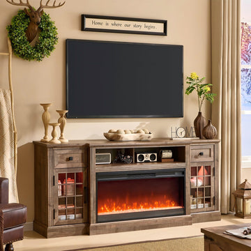 Fireplace TV Stand for 80 Inch TV, Farmhouse Highboy Entertainment Center w/LED Lights & 36" Electric Fireplace