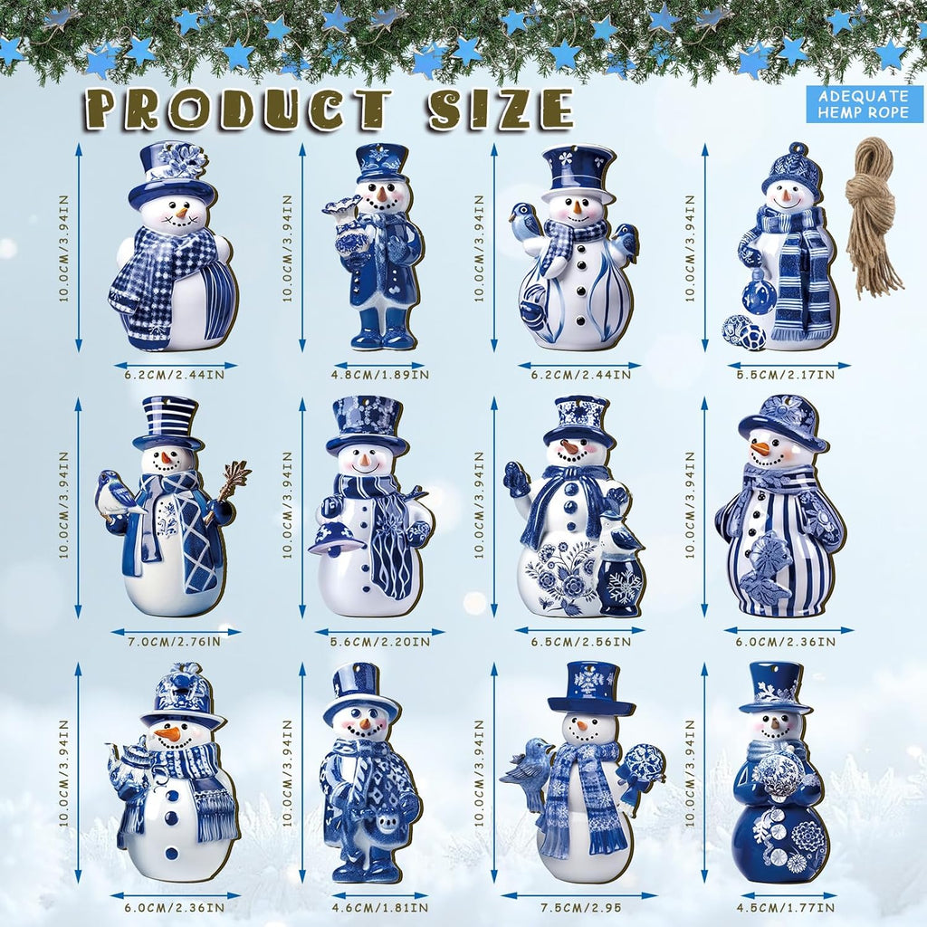 Blue and White Christmas Porcelain Snowman Ornaments for Tree Blue and White Porcelain Christmas Decoration - Set of 36