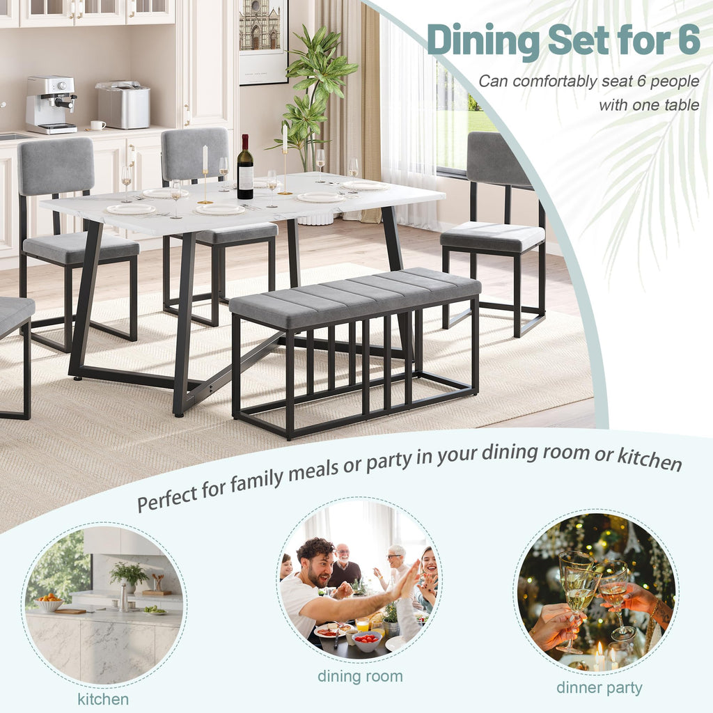 Dining Table Set for 6 with Velvet Upholstered 4 Chairs and 1 Bench