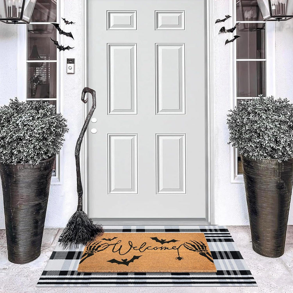 Halloween Welcome Door Mat Combo Set, Skeletal Hand Coco Coir Doormat -28" x 43" Black and White Striped Rug, Autumn