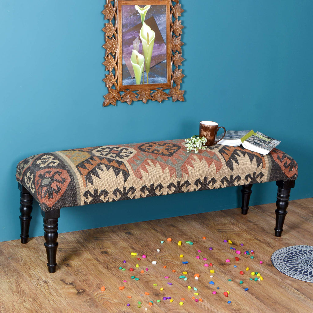 Acacia Wood Kilim Jute Fabric Upholstered Bench | Multi-Purpose Wooden Ottoman with Wool Jute, End of Bed, Hallway &