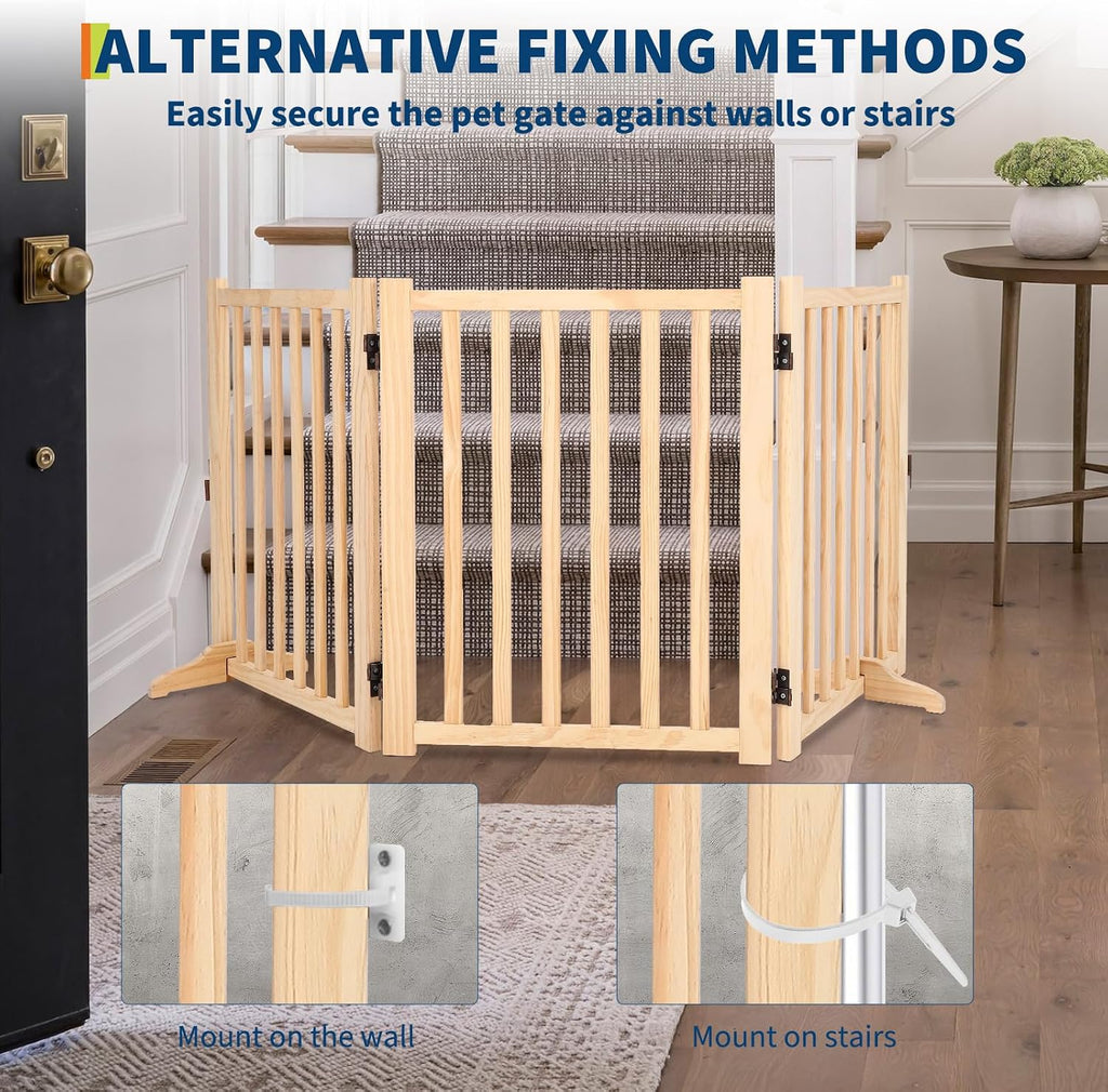 24 Inch Foldable Wooden Dog Gate, Foldable Freestanding Dog Door 3 Panel, White Wooden z Shape Step Over Pet Fence