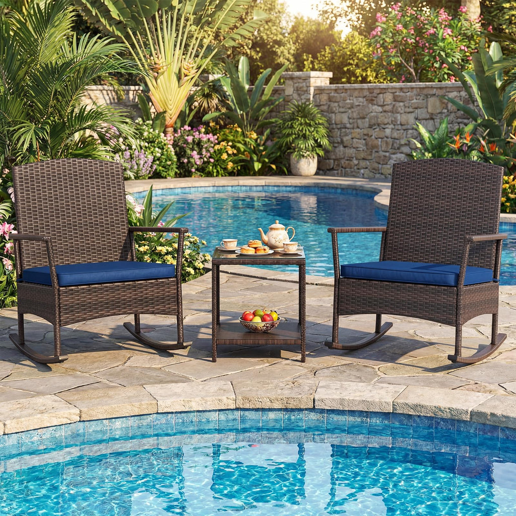 3-Piece Outdoor Bistro Set Wicker Rocking Chairs (Navy)