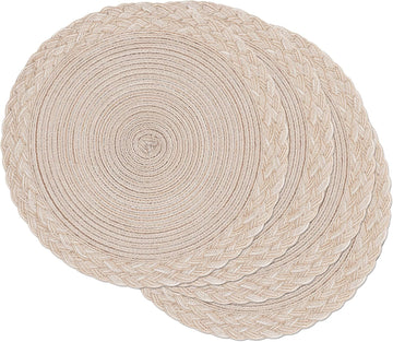 Round Placemats Boho Braided Border 15 inch Circle Place Mats Washable Fabric Table Mats Dining Table, Beige - Set of 4