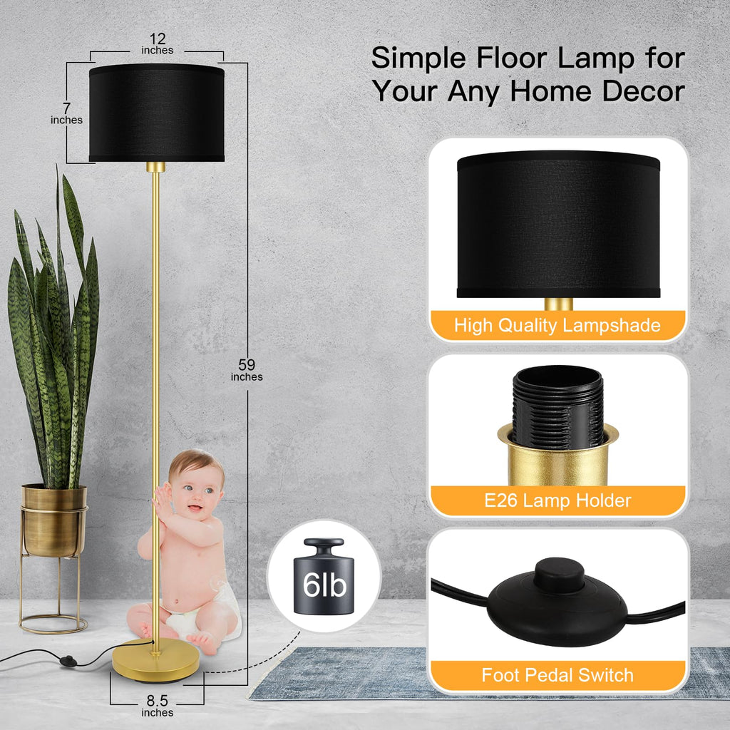 Gold Floor Lamps, Modern Bright Standing Lamp, Black Lamp Shades, Foot Switch, Simple Pole Lamps Corner Lamp, Den