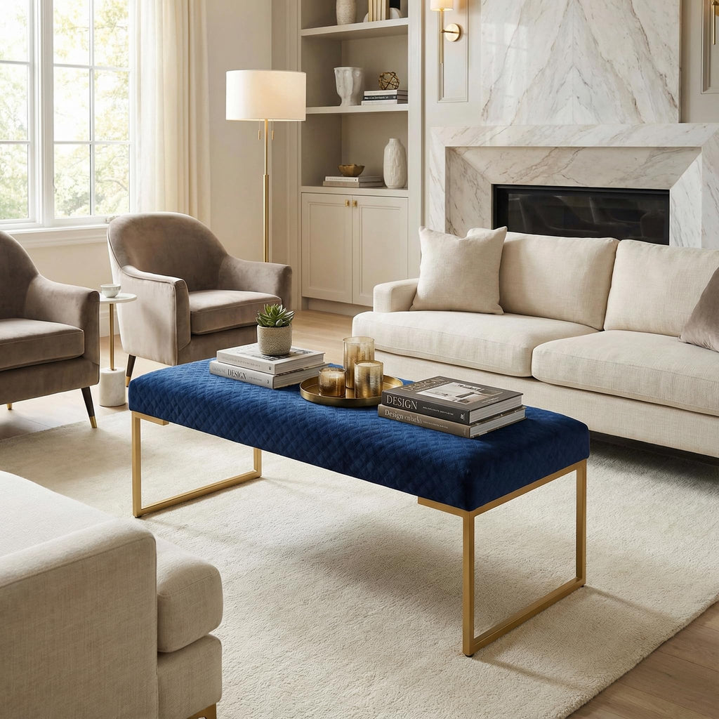 Claymore Large Ottoman Bench with Painted Gold Legs, Blue Velvet, 48"