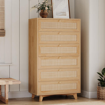 Rattan Dresser, 6 Drawer Dresser with Natural Rattan Drawers, Wooden Tall Cabinet with Gold Handles, Modern Closet
