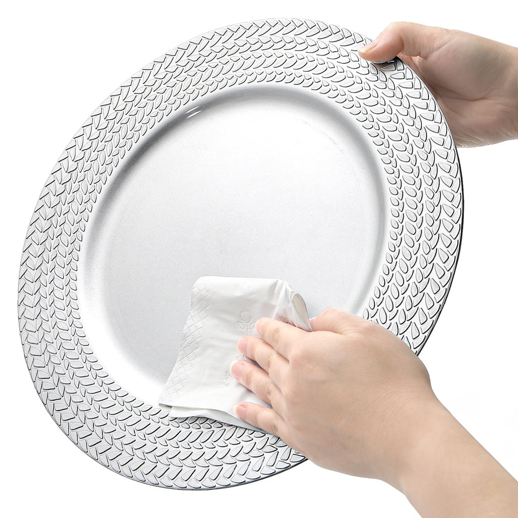 12 Pack Silver Charger Plates, 13 Inch Plastic Dinner Plate, Leaf Trim Antique Charger Plate for Weddings, Parties