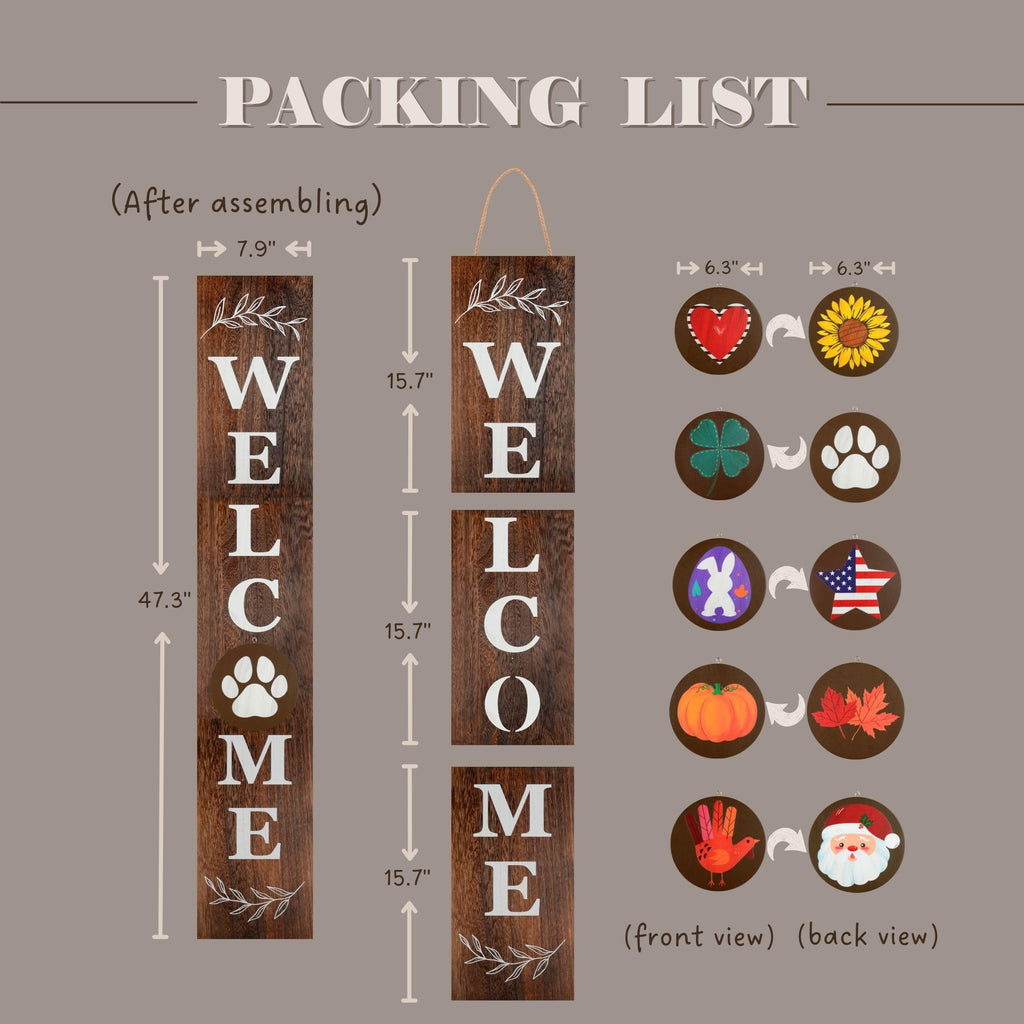 Interchangeable Welcome sign for front porch standing, 47 x 7.9 Inch Black Wooden Leaner Sign with 10 Interchangeable