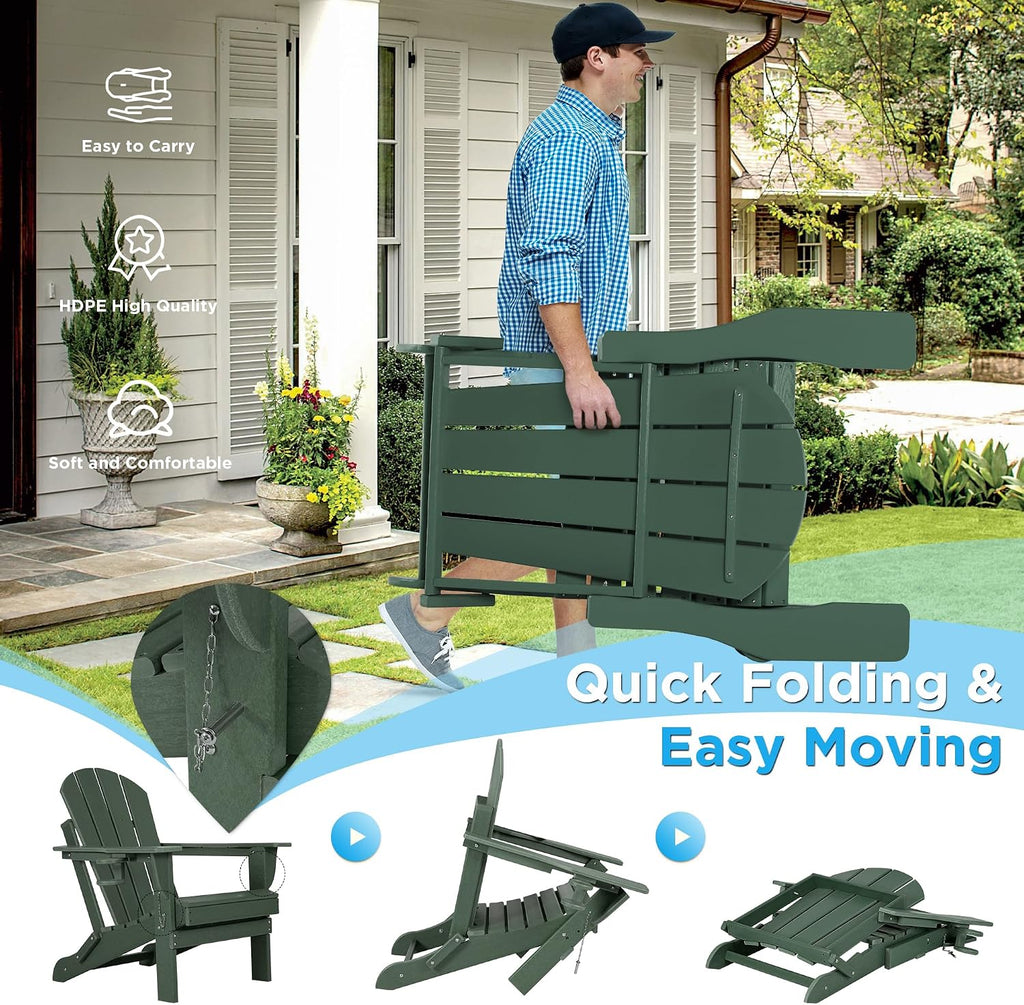 Folding Adirondack Chairs Set of 2 with Cushion with Cup Holder, HDPE Plastic Oversized Patio Chair Weather