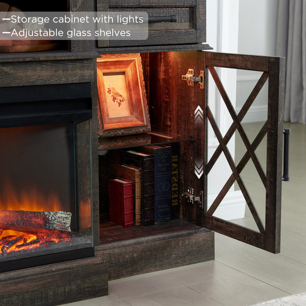 Farmhouse TV Stand with Fireplace, 70'' Entertainment Center Stand with 36" 3-Sided Glass Electric Fireplace for TVs
