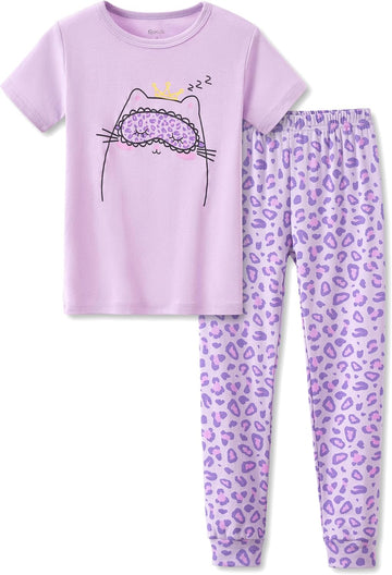 Girls Short Sleeve Piece Cotton Rib-Knit Pajamas Set