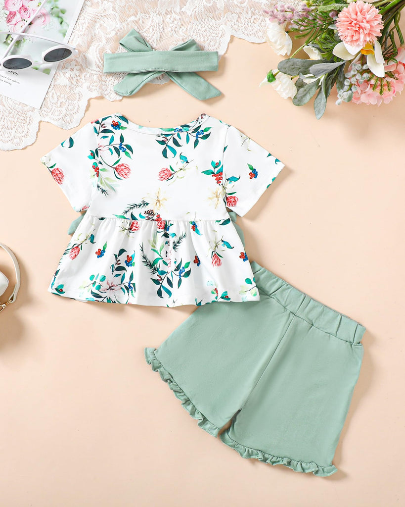 Toddler Baby Girl Clothes Summer Outfits Set, Short Sleeve T-Shirt+Casual Shorts+Headband 3Pcs Infant Girl