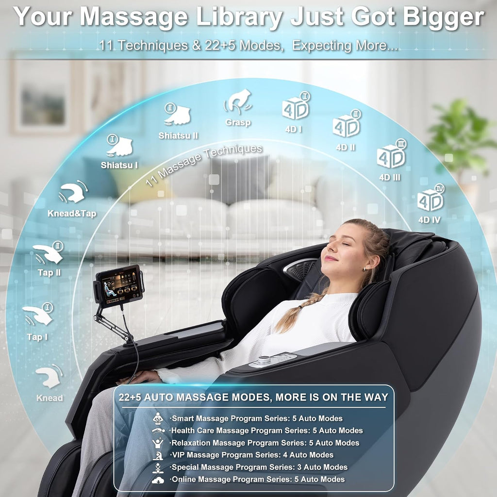 MT339 4D Massage Chair Full Body Recliner, OTA Update, Deep Black | Yoga stretch, 22+5 modes, body scan, app and AI