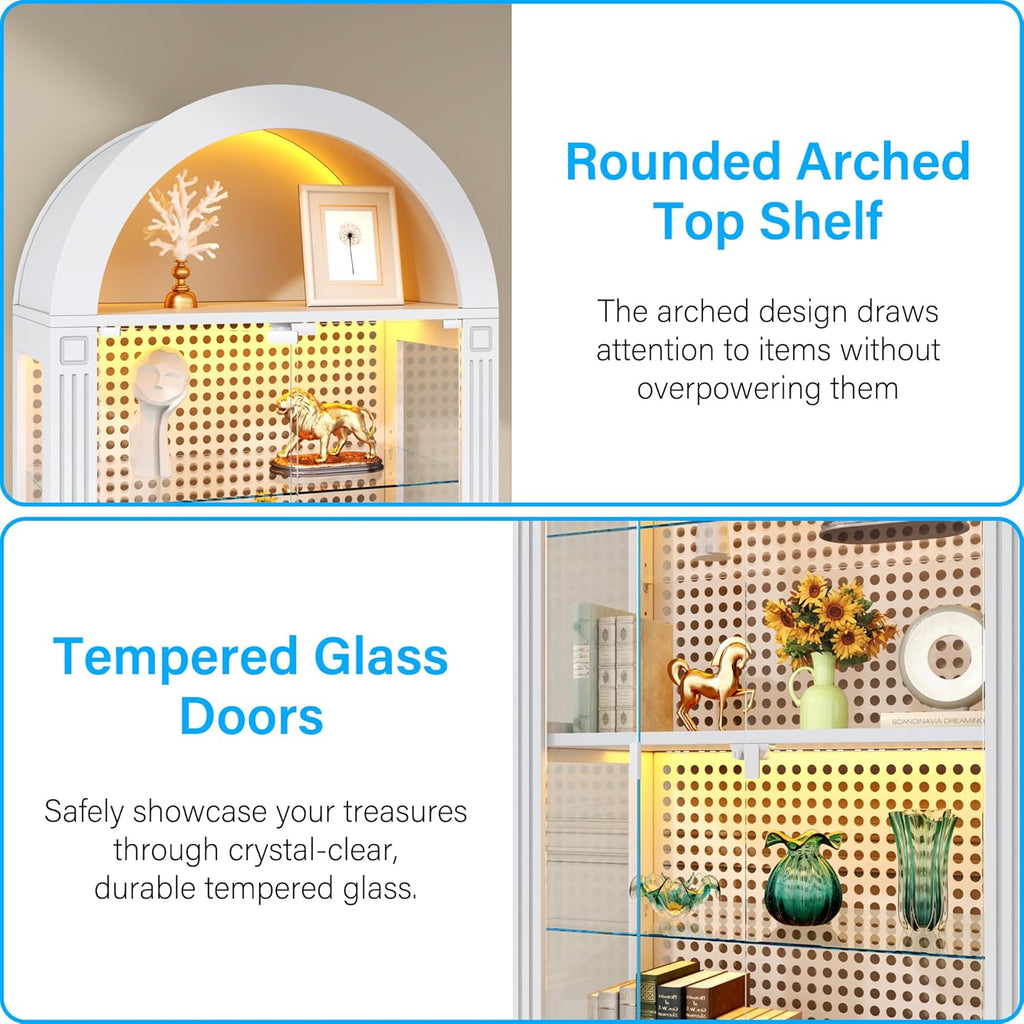 71" Arched Display Cabinet with Glass Doors and LED, 5-Tier Curio Cabinet with Roman Line Design and Pegboard, Glass
