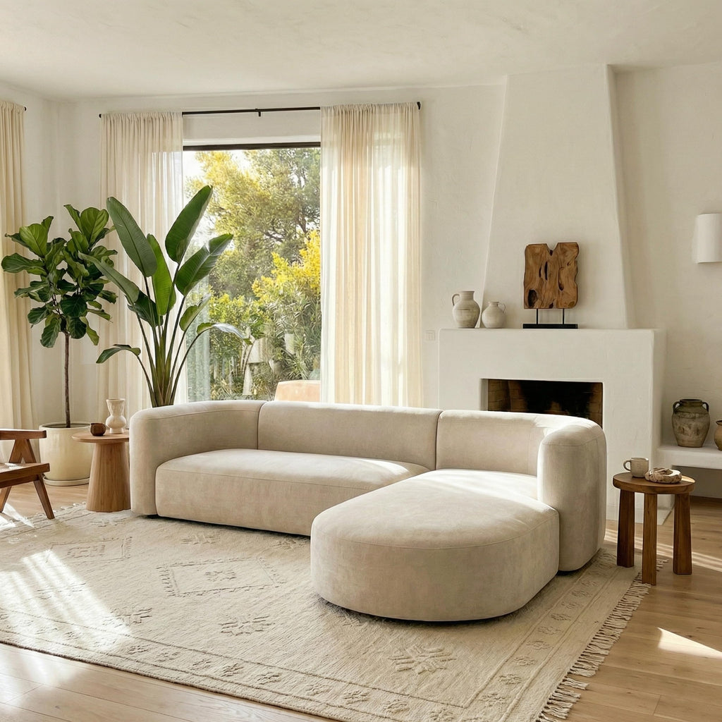 Mellow Modern Tight Curved Back Velvet Sofa, Right Chaise, Cream