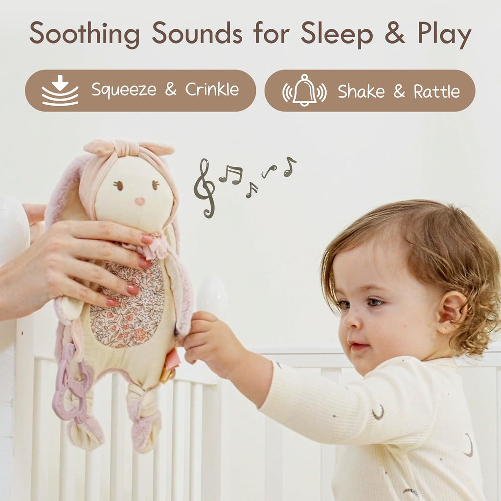 Baby Lovey with Silicone Teether, Bunny Security Blanket with Textured Ribbons, Crinkle Toys, Soft Minky Velour &