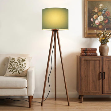 60.6 Inch Walnut Wood Tripod Floor Lamp with Linen Drum Shade, Green