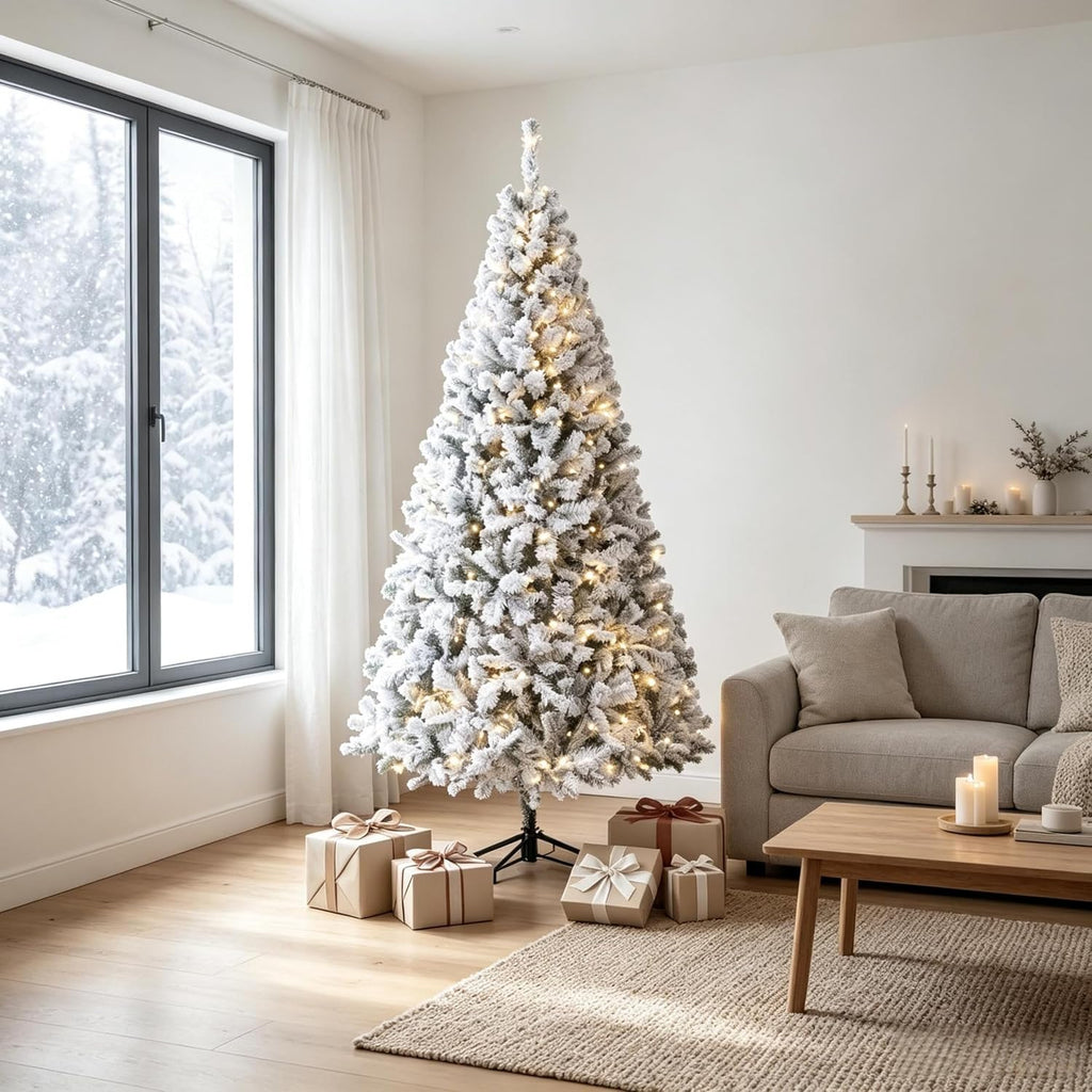 Pre-Lit Flocked Fraser Fir Artificial Christmas Tree, 6 ft, White
