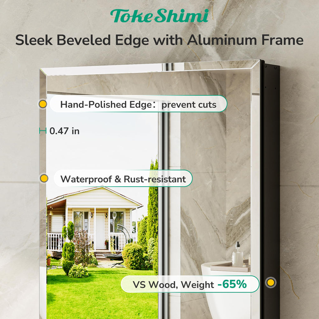 16 x 20 Black Mirrored Medicine Cabinet, Tempered Beveled Mirror, Medicine Cabinet, Assembly Required, Stepless