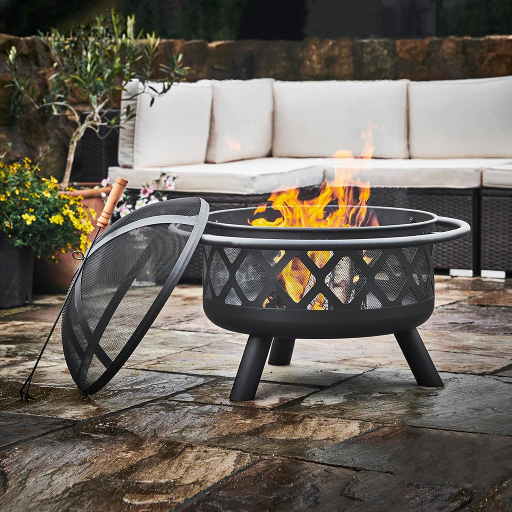 Round Steel Outdoor Fire Pit Outside Wood Burning Firepit Bonfire with Firebowl, Poker, Mesh Screen
