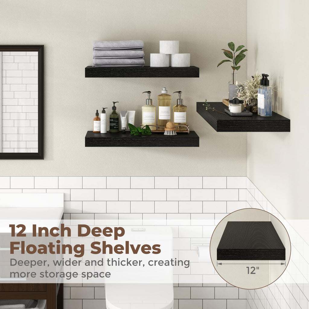 36 Inch Black Floating Shelves for Wall, 12 Inch Deep Shelves |Kitchen|Bedroom, Wall Mounted Rustic Wood Floating