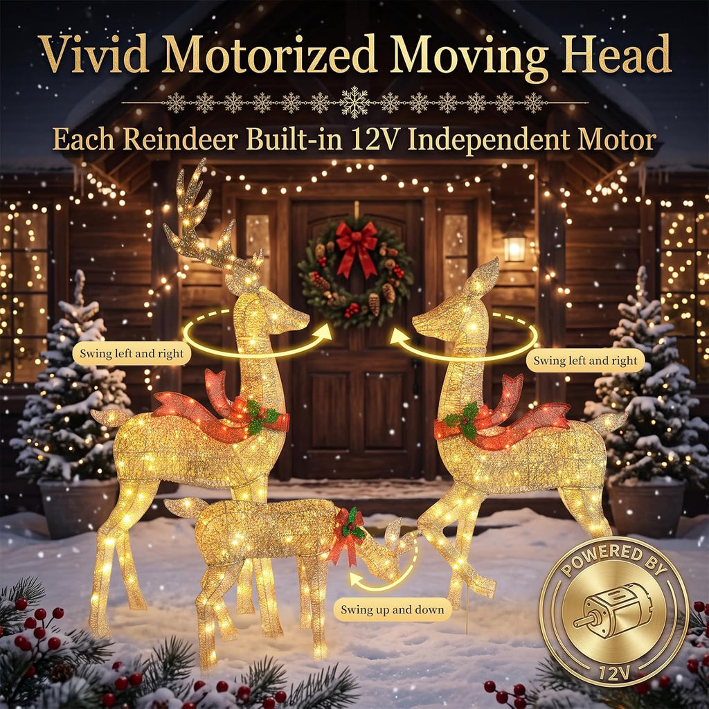 5.2FT Animatronic Christmas Reindeer Family Set - 3Pcs Large Lighted Christmas Deer with 300 LEDs & 3 Motors, Moving