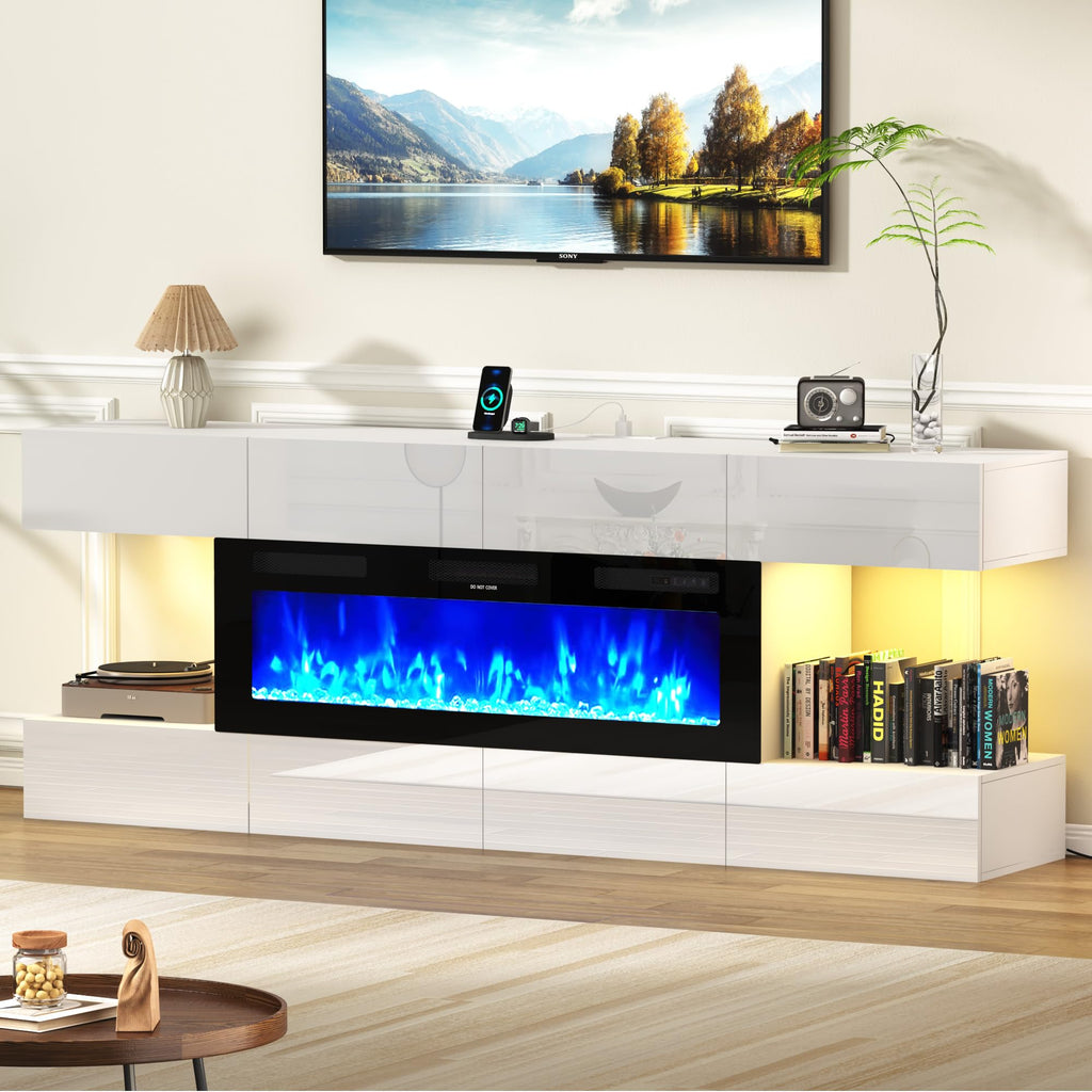 82" Fireplace TV Stand, LED Entertainment Center with 8 Drawer for 90" TVs