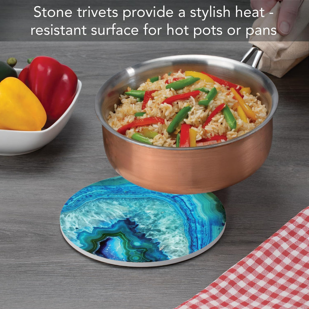 Faux Agate Decorative Heat Tolerant Ceramic Stone Trivet with Non-Skid Cork Backing 7" Round Artistic, Durable