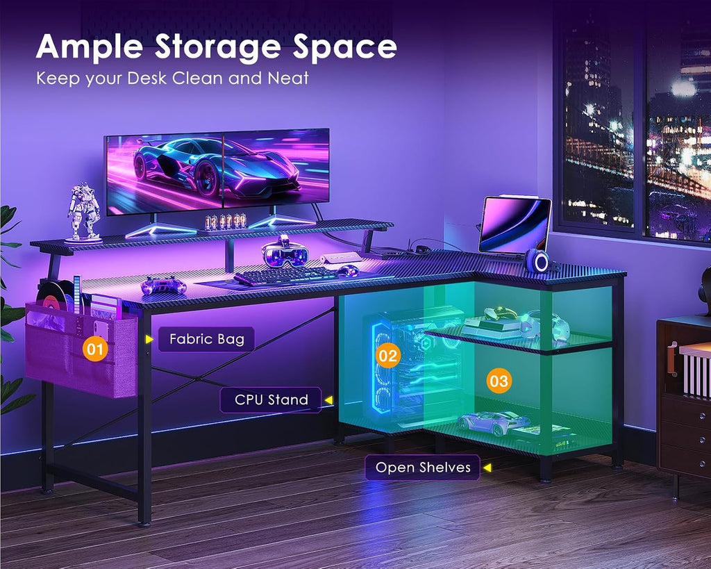 58 Inch L Shaped Gaming Desk with LED Lights, Power Outlets, Black | Adjustable Monitor Stand, Open Storage Shelves