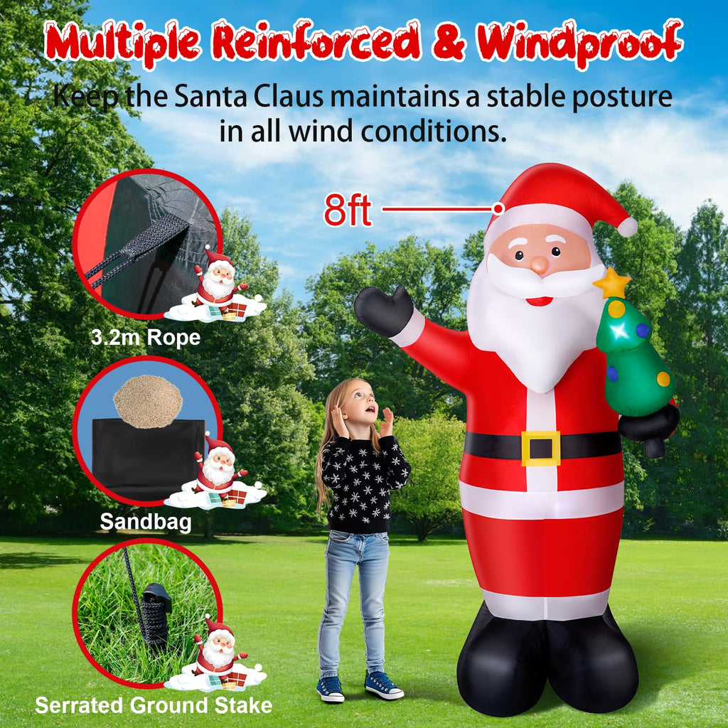 8FT Christmas Inflatable Santa Claus Outdoor Decorations, Inflatable Santa with Xmas Tree Built-in LED Lights, Blow