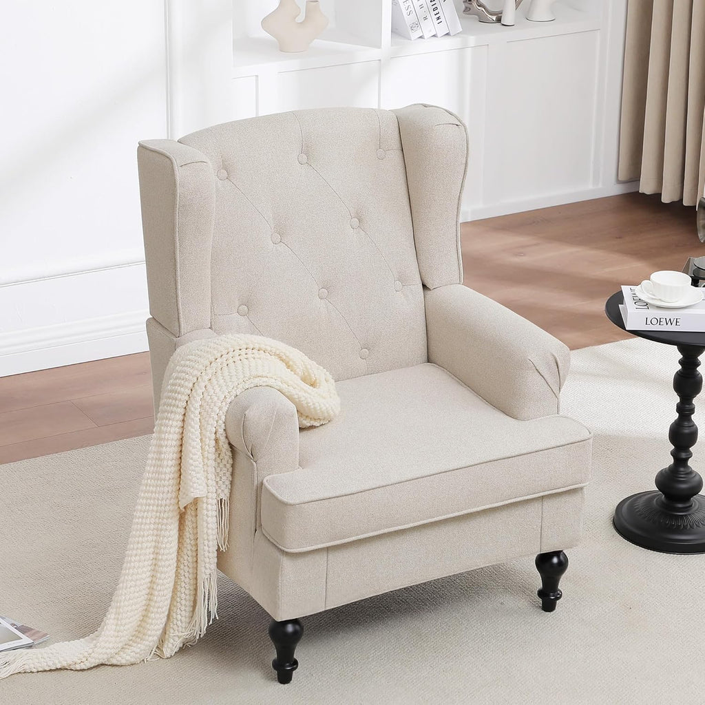 Accent Chair Set of 2, Mid Century Modern Fabric Wingback Chair, Upholstered Armchair with High Back and Vintage