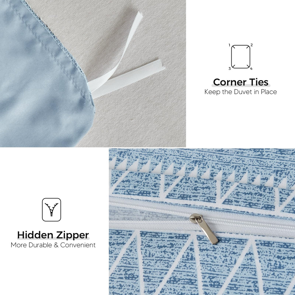 Duvet Cover with Fitted Sheet - 4 Pieces Blue Striped Printed Soft Bedding Set, Includes 1 Duvet Cover