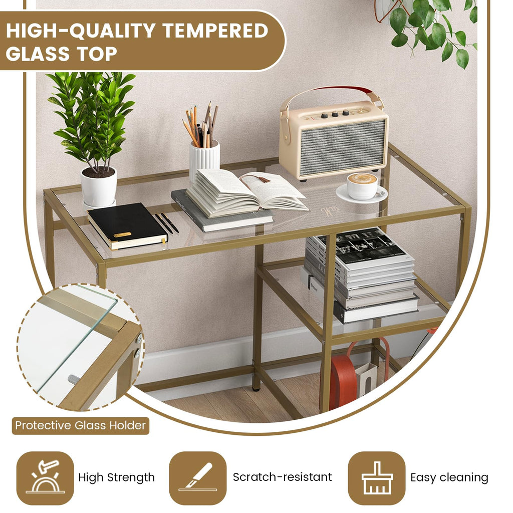 Tempered Glass Computer Desk with 2-Tier Storage Shelves, Modern Computer Workstation, Vanity Makeup Table, Sturdy