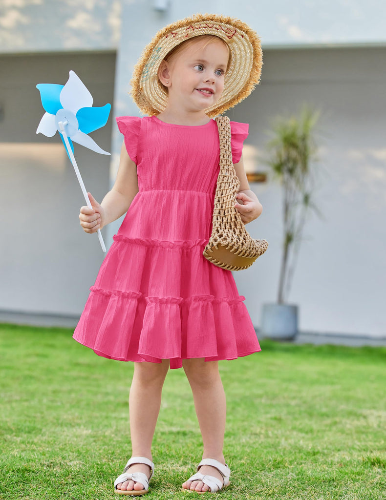 Toddler Hot Pink Dress for Girls Ruffle Sleeveless Tiered Swing Twirly Dresses Cute Summer Beach Sundress