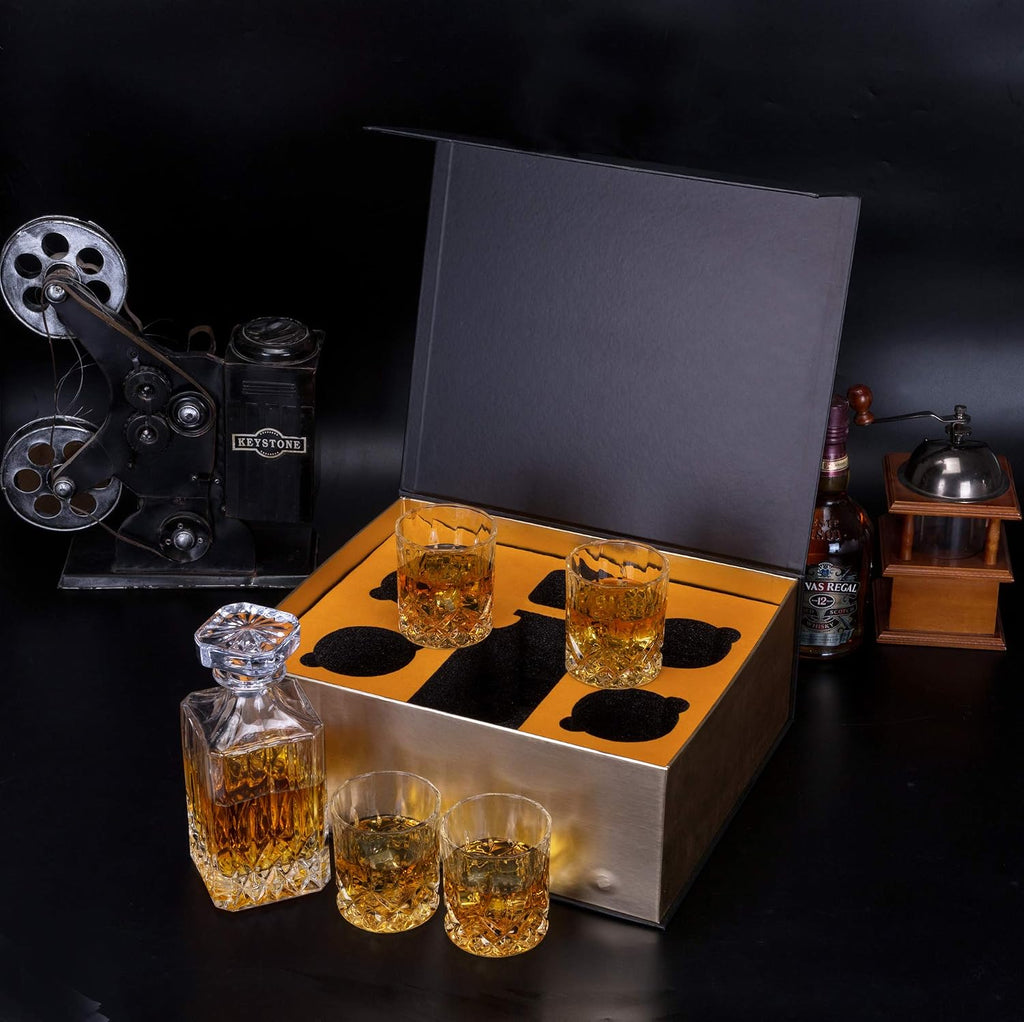 Whiskey Decanter And Glasses Set in Unique Gift Box - Original Crystal Liquor Decanter Set For Bourbon, Scotch - Set of 5