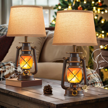18.72" Farmhouse LED Lantern Flickering Flame Table Lamps Set of 2