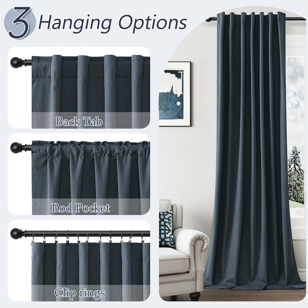 100% Blackout Linen Curtains 84 Inch Long 2 Panels Vintage Blue