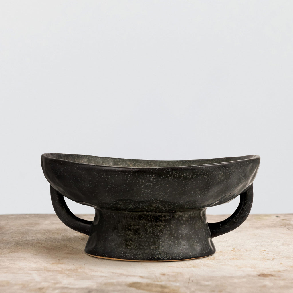 Co-Op Stoneware Footed Pedestal Bowl with Handles, Reactive Glaze, Black