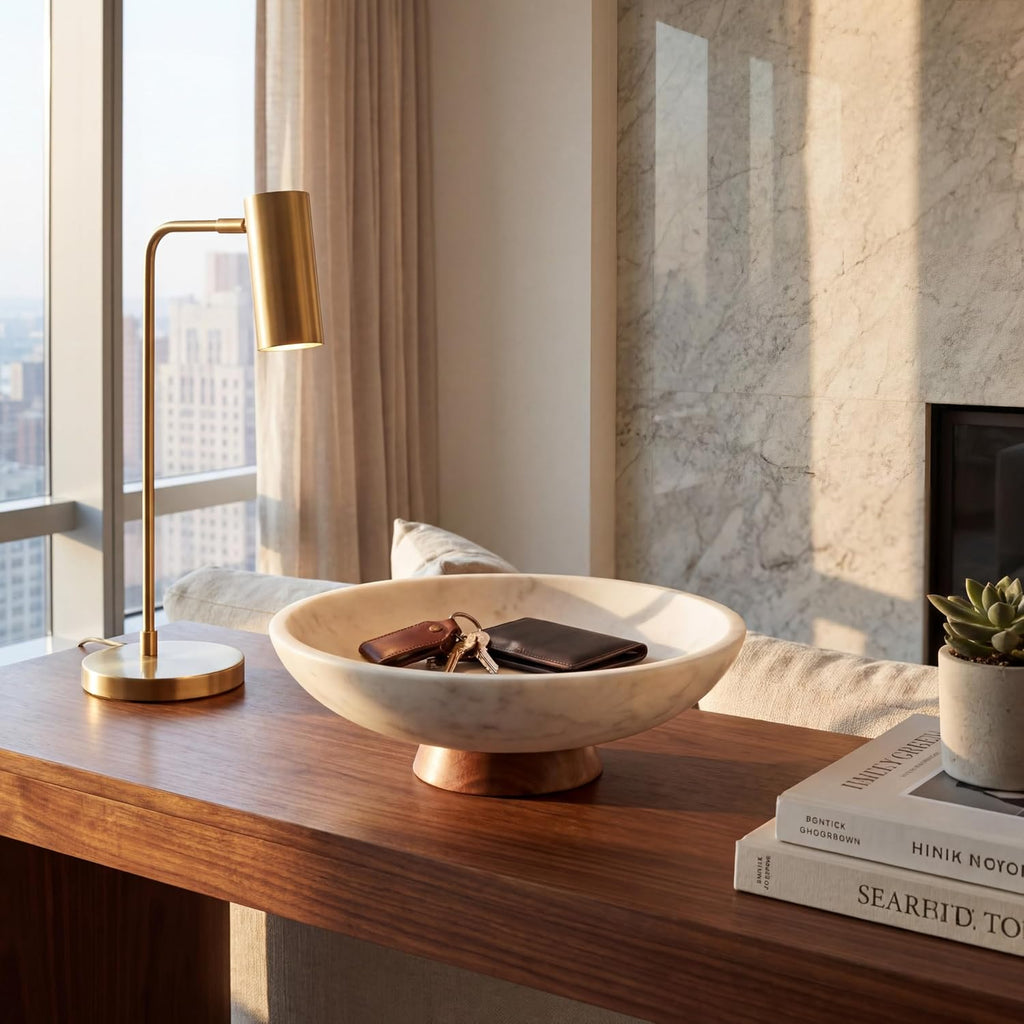 Decorative Marble Bowl White - Handcrafted Natural Stone on Removable Acacia Wood Pedestal Base - Versatile 10"