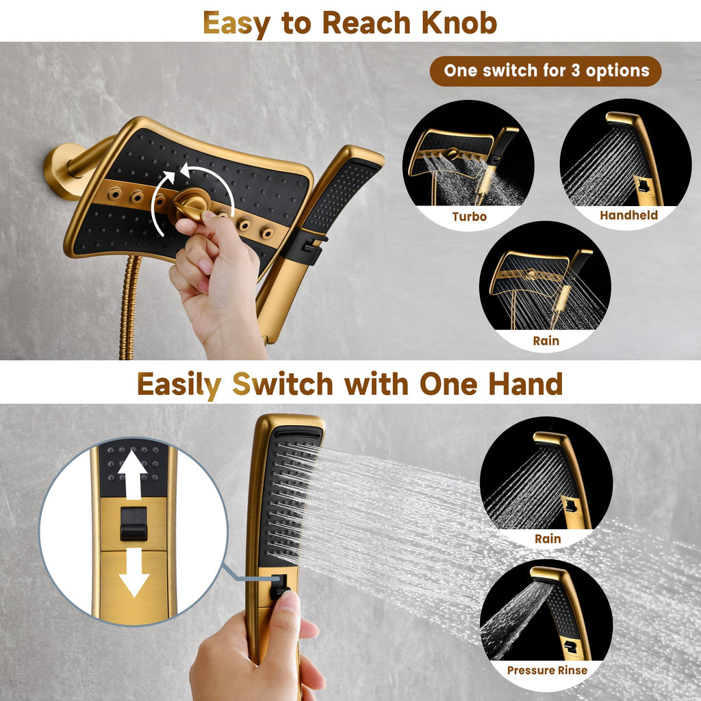 Dual Shower Head with Handheld, High Pressure Rainfall Shower Head Combo, 60-Inch Stainless Steel Hose, Brushed Gold