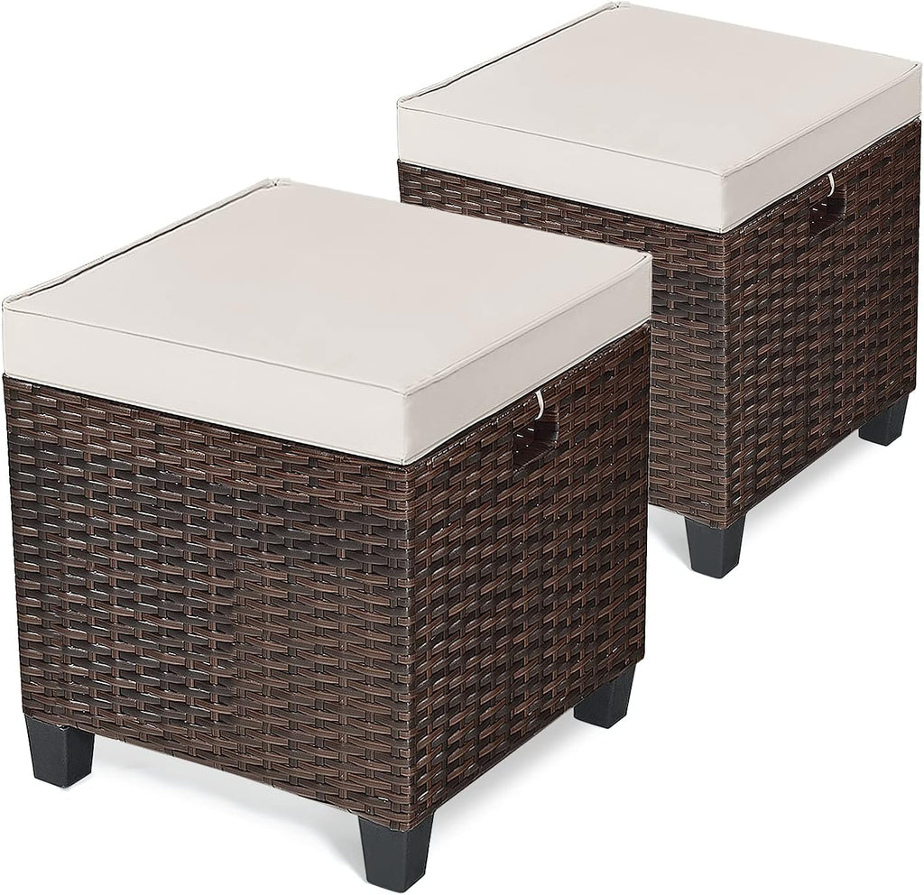 2-Piece Rattan Patio Ottoman, All Weather Wicker Ottoman w/Removable Cushion & Steel Frame, Outdoor Footstool